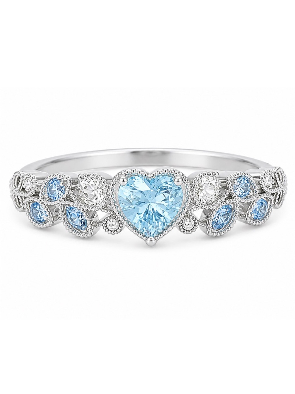 Blue Heart CZ Ring Silver Tone – Vintage Style Sparkly Statement Band